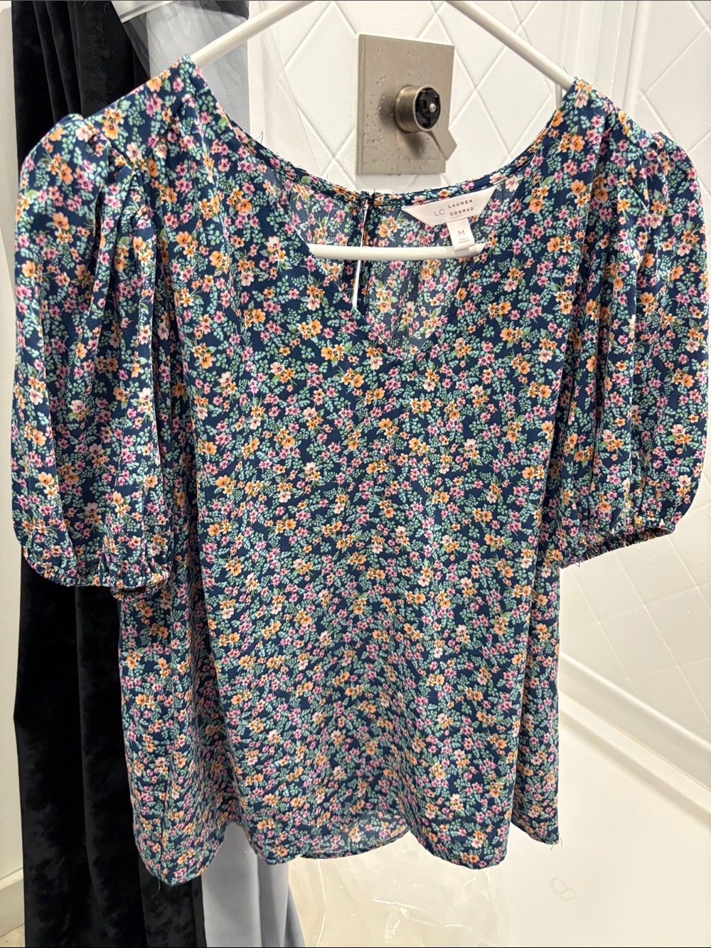 LC Lauren Conrad Teal Floral Puff-Sleeve Blouse